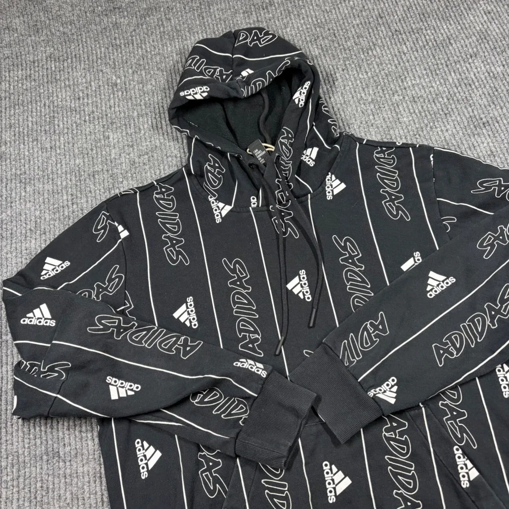 Adidas Hoodie Mens M Black White All Over Print Logo Pinstripe Sweatshirt